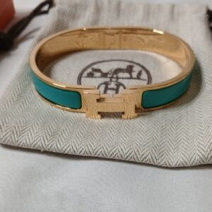 Hermes Gold Plated H Clic Clac Bracelet with Turquoise Enamel